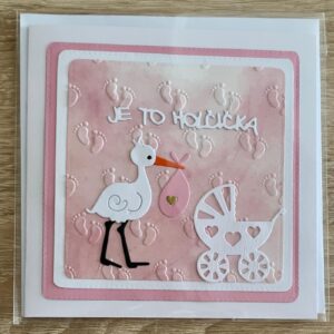 Přáníčko narození miminka motiv čáp (text je to holčička)